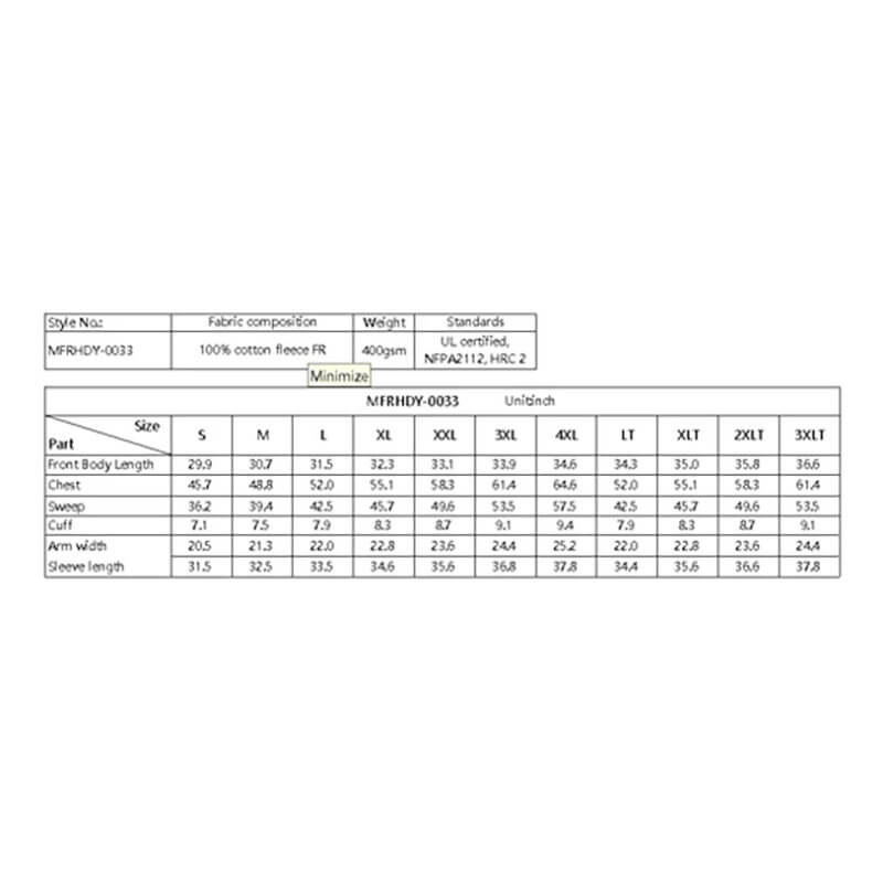 Size chart for the ForgeFR Forge FR Pullover Hoodie MFRHDY0033, with measurements in inches for S–3XL and LT–3XLT, ATPV 21 cal/cm² rating, fabric details, and NFPA 2112 safety standard compliance.