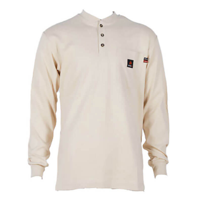 The ForgeFR Forge FR Henley MFRHNLY-004 is a cream long-sleeve, arc-rated shirt featuring three collar buttons, ribbed cuffs, and two small rectangular patches on the chest and sleeve, shown against a white background.