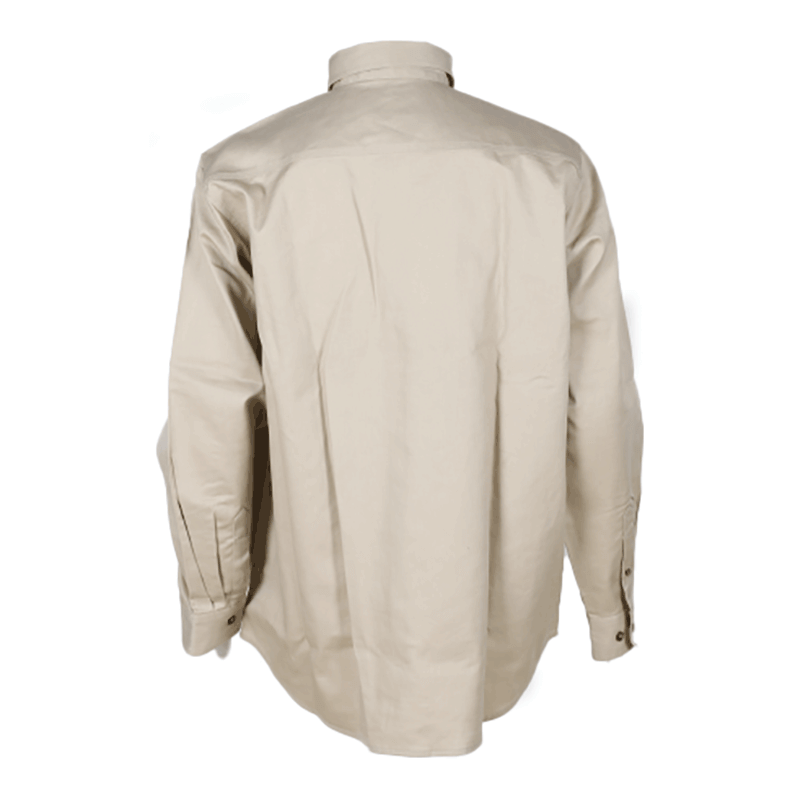 The ForgeFR Forge FR Solid Button Shirt MFRLB2PS024, crafted from FRARCTEX FR fabric in beige, is displayed from the back. It includes a collar and buttoned cuffs, has a loose fit with a minimalistic design, and offers an additional layer of safety with an ATPV arc rating of 8.8 cal/cm2.