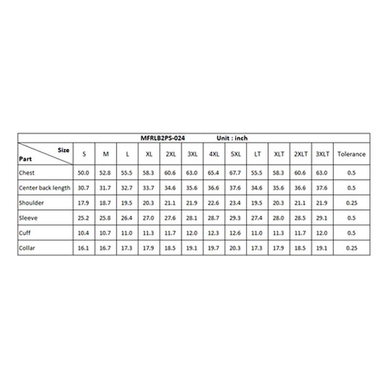 Size chart for the ForgeFR Solid Button Shirt MFRLB2PS024, NFPA 2112 compliant. Includes chest, center back length, shoulder, sleeve, cuff, and collar measurements for S–4XLT with stated tolerances.