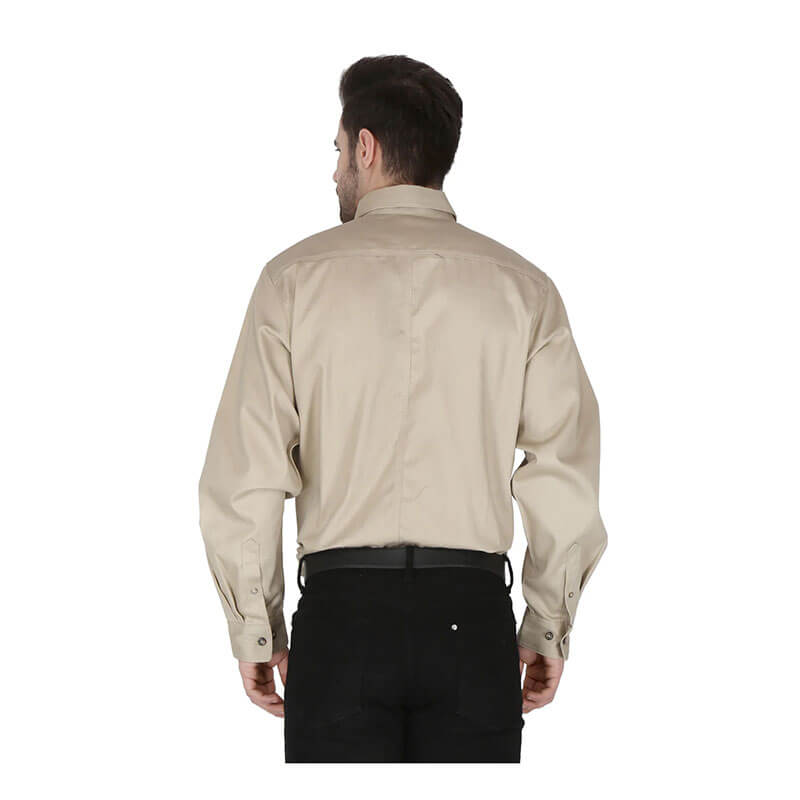 A man stands with his back to the camera, wearing a ForgeFR Forge FR Solid Button Shirt MFRLB2PS024 and black pants against a plain white background.