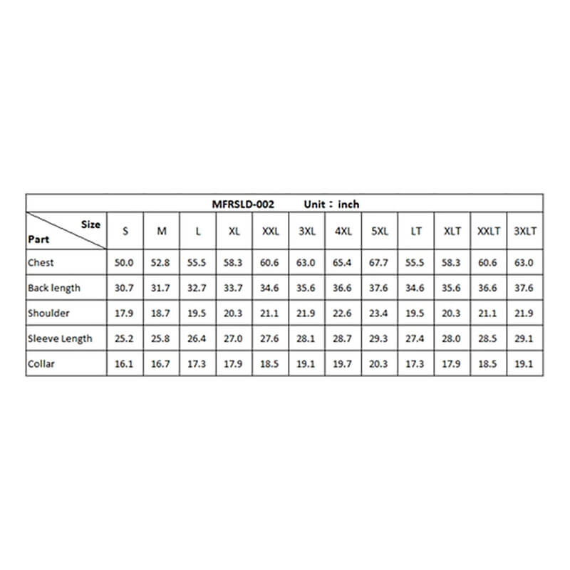 ForgeFR Forge FR Solid Shirt Denim MFRSLD-002 size chart (S–3XLT): chest, back length, shoulder, sleeve length, and collar measurements in inches displayed in a grid. NFPA 2112 compliant flame resistant shirt.