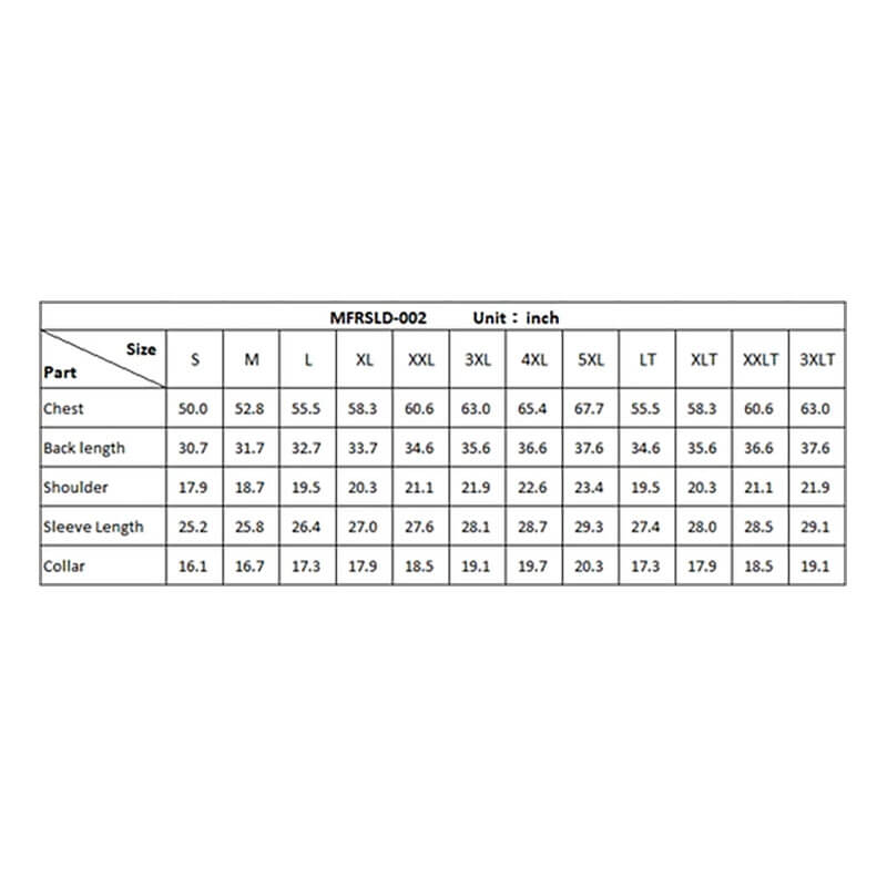 The ForgeFR Forge FR Solid Shirt MFRSLD-002 size chart (S–3XLT) shows chest, back length, shoulder, sleeve, and collar measurements in inches—ideal for NFPA 2112-compliant flame resistant workwear.