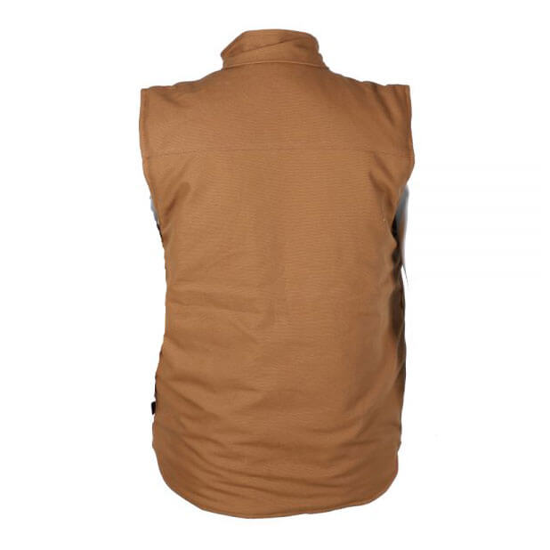 The ForgeFR Canvas Duck Vest MFRVST-001 is a sleeveless vest in brown, seen from the back with a high collar and minimalist design, made from soft fabric.