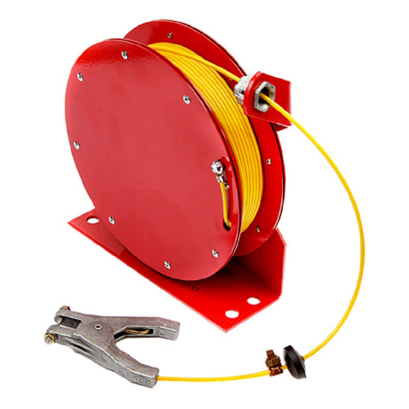 The Stewart R. Browne Heavy Duty Static Grounding Cable Reels ML2930-Y features a red self-retracting drum with coiled yellow cable mounted on a flat base, extending to the REB2960 grounding clamp, and includes multiple bolt holes for secure mounting.