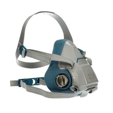 The 3M Half Facepiece Reusable Respirator 6500 Series, a blue and gray respirator mask with adjustable straps and a central circular valve, is designed to provide respiratory protection against airborne particles. It is compatible with 3M cartridges to ensure enhanced safety.