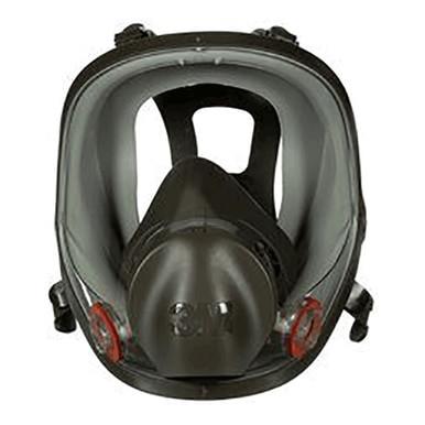 The 3M 6000 Series Full Facepiece Respirator is a NIOSH-approved mask featuring a wide transparent visor and two side attachments. This black mask, with the "3M" branding embossed on the front, is expertly designed for industrial and safety use.