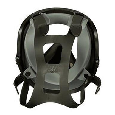 Inside view of a black safety helmet by 3M, showcasing its adjustable suspension system and chin strap. This NIOSH-approved helmet is intended for protective headgear use, perfectly complementing the 3M 6000 Series Full Facepiece Respirator for comprehensive safety.