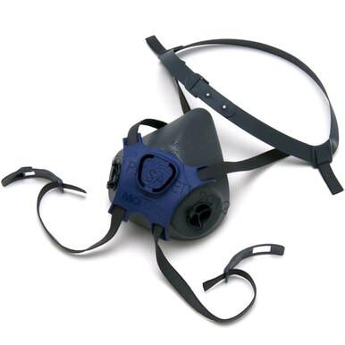 A Moldex 7000 Series Half Mask Respirator, in black and blue, with adjustable straps is set against a light background. This reusable mask offers dual filter openings and a head harness for secure fitting, meeting NIOSH standards.