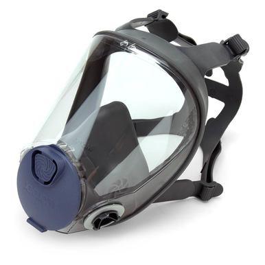 The Moldex 9000 Series Full Mask Respirator, from the Moldex brand, features a clear visor and dark gray straps. It is equipped with a blue circular filter on the front and has adjustable head straps, providing excellent respiratory protection.