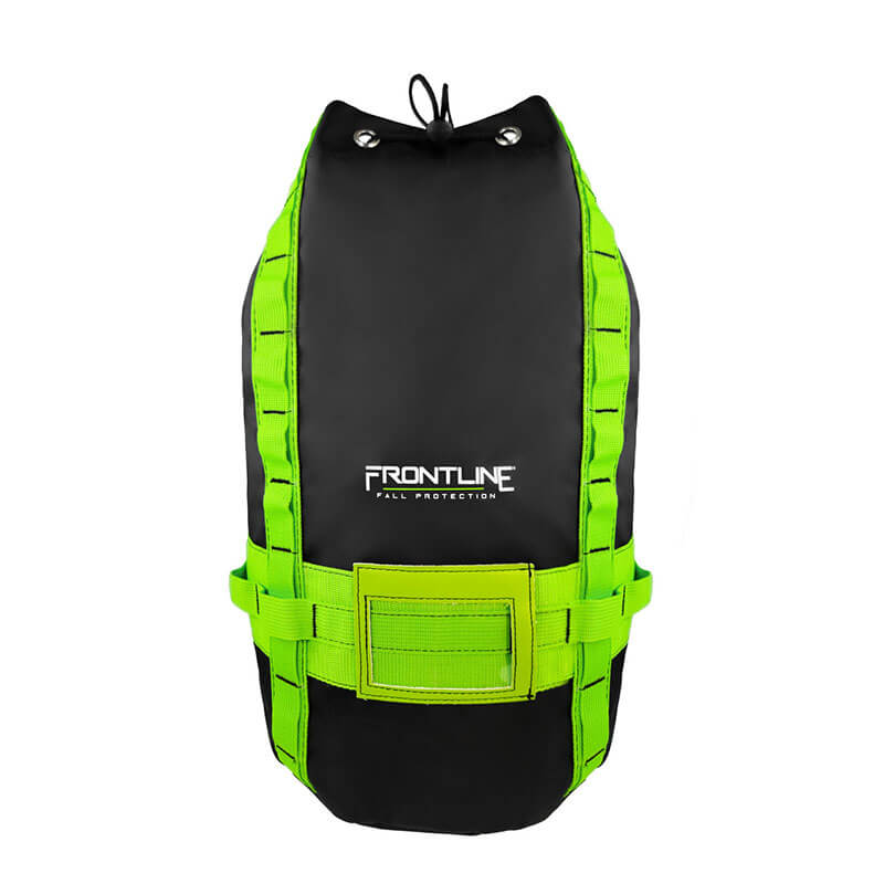 The Frontline Combat Premium Roofers Kit with 50' VLL RK110V50 by Frontline Fall Protection comes in a black and neon green safety bag with sturdy straps and drawstring closure—perfect for securely storing your kit or lifeline on the job.