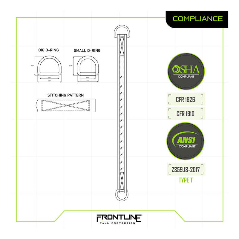 Technical diagram of the Frontline MPS Cross Arm Strap with Reinforced Webbing by Frontline Fall Protection, showing big/small D-ring measurements, stitching pattern, abrasion-resistant webbing, and compliance with OSHA, ANSI, CFR 1926/1910, Z359.18-2017 Type T.
