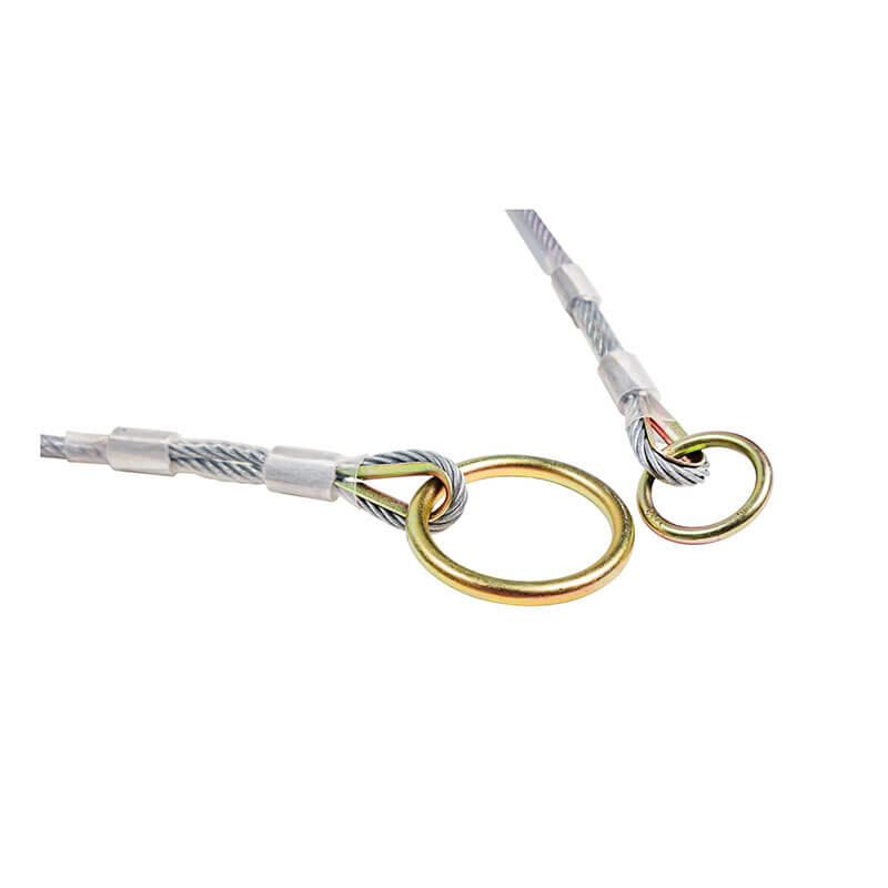 Close-up of two Frontline MPW Wire Rope Choker Anchors by Frontline Fall Protection, featuring galvanized steel ropes with looped ends, metal sleeves, and gold-colored rings—ideal as portable anchoring devices.