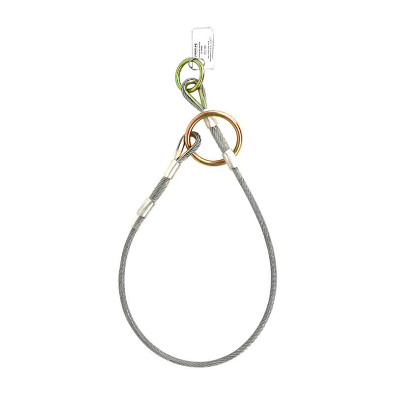 The Frontline MPW Wire Rope Choker Anchor by Frontline Fall Protection is a galvanized steel cable with gold and bronze rings, a green hook, a white tag, and forms a loop by threading the rings through the wire rope.