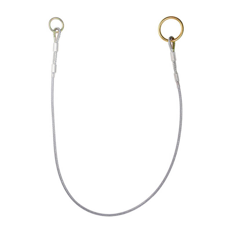 The Frontline MPW Wire Rope Choker Anchor by Frontline Fall Protection is a thin galvanized steel wire rope loop with metal eyelets and silver and gold rings at each end, designed as a portable anchoring device against a white background.