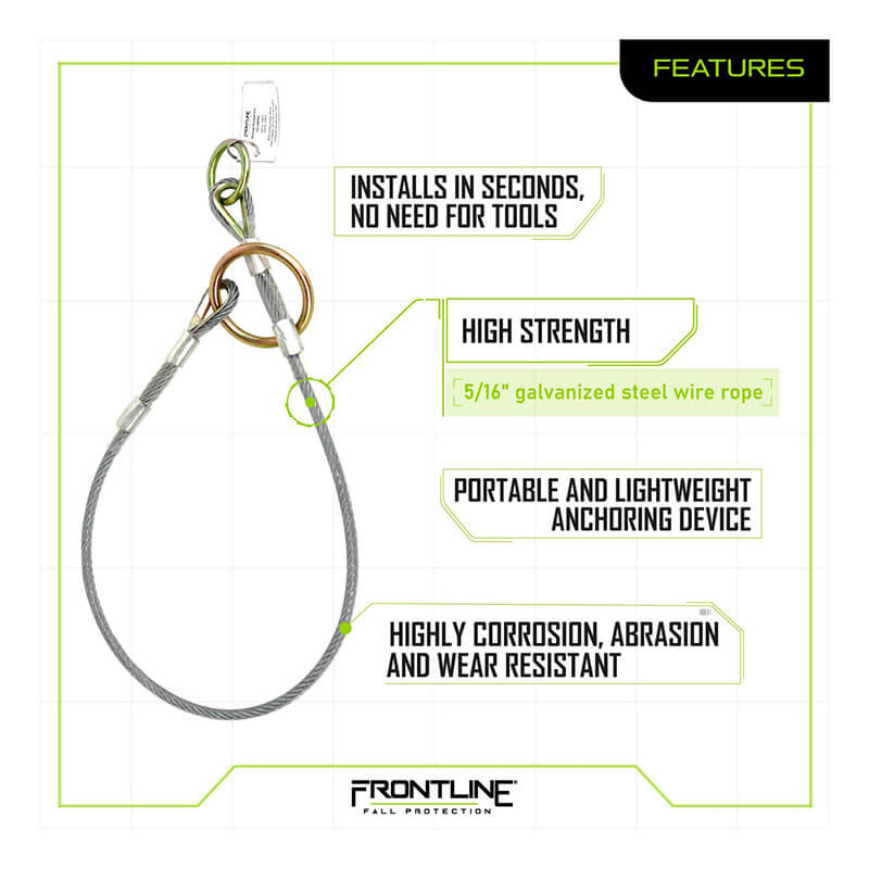 The Frontline MPW Wire Rope Choker Anchor by Frontline Fall Protection is a galvanized steel anchor with carabiner and rings, offering easy installation, high strength, portability, and resistance to corrosion, abrasion, and wear.