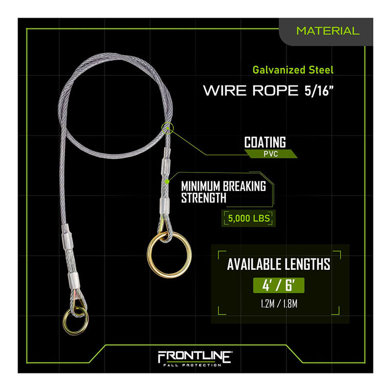 Image displays the Frontline MPW Wire Rope Choker Anchor by Frontline Fall Protection, 5/16" galvanized steel with PVC coating, 5,000 lbs minimum breaking strength, available in 4 ft and 6 ft lengths.