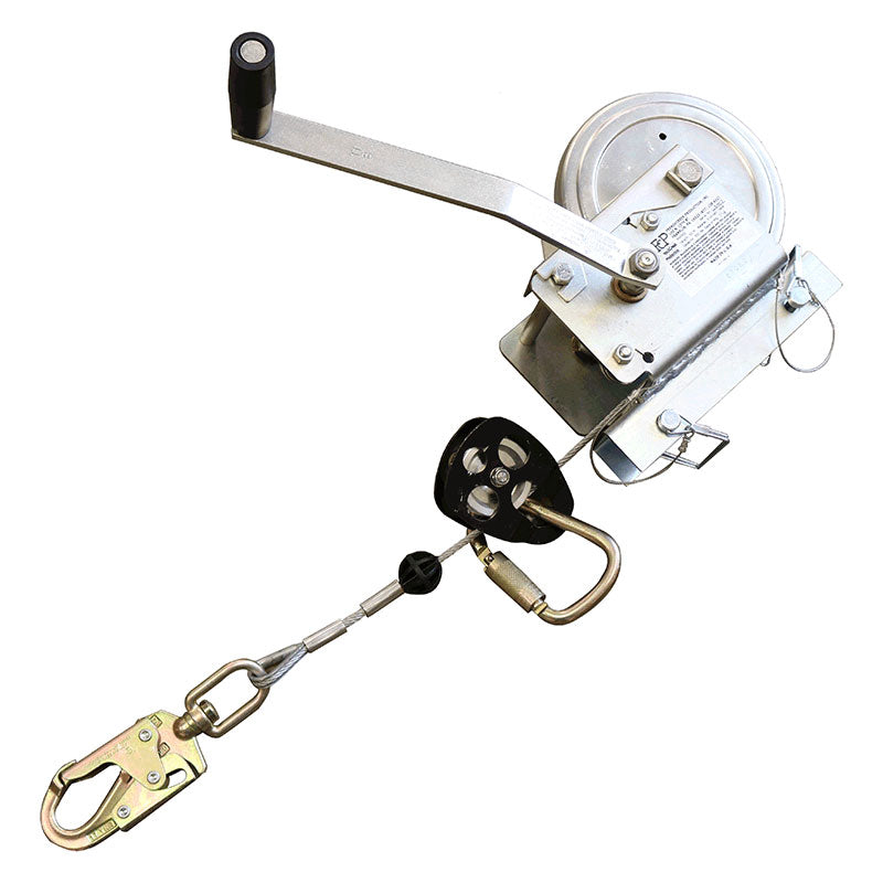 The French Creek 50ft Galvanized Winch MW50G by PK Safety Supply includes a hand-operated winch with a metal crank, seamlessly integrated into a cable and pulley system. Its galvanized finish enhances durability, and the robust metal hook and clip make it perfect for various lifting or towing tasks.