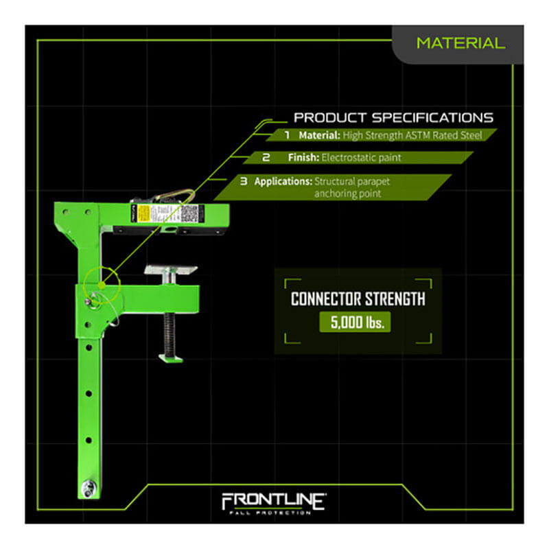 The Frontline Parapet Adjustable Non-Penetrating Roof Anchor by Frontline Fall Protection is shown in green, made of high strength ASTM-rated steel with an electrostatic paint finish, serving as a 5,000 lb Safe Anchorage Point.