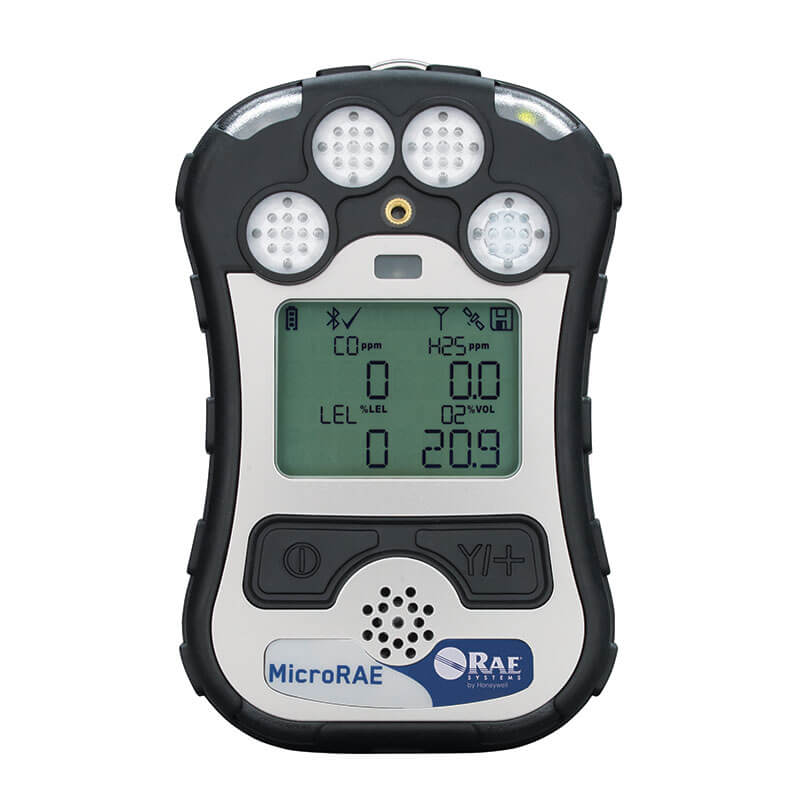 The MicroRAE 4-Gas Diffusion Monitor M031-1111-200 by PK Safety Supply provides real-time readings of CO and H2S on its display, featuring intuitive control buttons. Its durable casing ensures longevity, while wireless connectivity enhances its features.