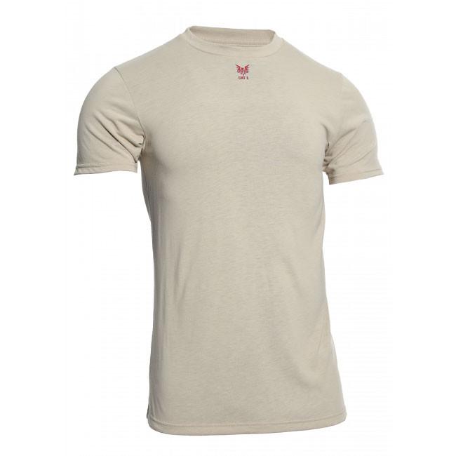 The NSA DRIFIRE Short Sleeve FR Base Layer T-Shirt DF2-CM-446TS in light beige features a small red butterfly logo and "S.O.A." text on the chest. Designed with moisture-wicking technology, it ensures comfort and dryness. The background is plain white.