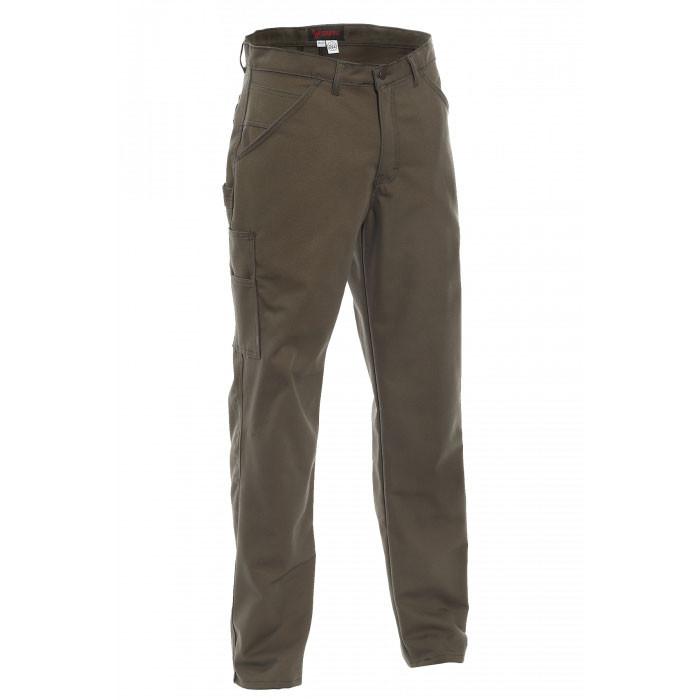 NSA DRIFIRE FR Dungarees in olive green, designed with a slim fit, front zipper, and multiple pockets including one on the thigh. Ideal for maintaining safety and style in Arc Flash environments. The pants are presented standing against a white background.