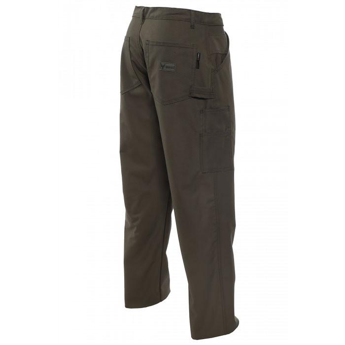 Rear view of the NSA DRIFIRE FR Dungarees in Olive showcasing multiple pockets, such as a zippered pocket and patch pockets, tailored for outdoor use. These dungarees offer arc flash protection, making them perfect for anyone in need of dependable flame-resistant clothing. Displayed against a plain white background.