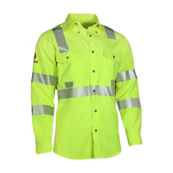 The NSA DRIFIRE FR Premium Hi-Vis Vented Shirt SHRTVTGVC3 is a breathable workwear piece in high-visibility yellow. It features gray reflective stripes on the chest, arms, and shoulders with two button-flap chest pockets and a button-up front for practicality.