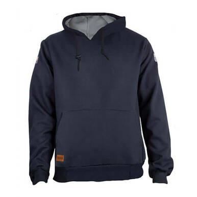 Displayed against a white background, the NSA TECGEN FR Lined Pullover Hoodie in navy features a front pocket, drawstring hood, and ribbed cuffs and hem. This flame-resistant pullover hoodie is rated at 39 cal/cm² for ultimate protection.