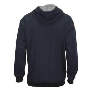 A navy NSA TECGEN FR Lined Pullover Hoodie viewed from the back, featuring long sleeves, a hood, and a grey inner lining. It includes a small patch on the left sleeve. Made from flame-resistant fabric that looks comfortable and casual, this hoodie is designed for safety with an arc rating of 39 cal/cm².