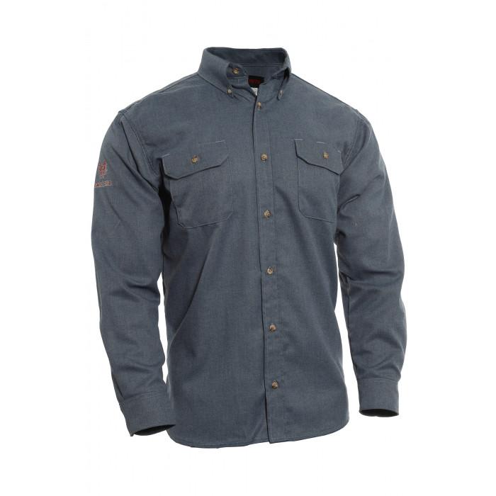 A navy long-sleeved FR work shirt from NSA featuring two chest pockets with buttoned flaps, a classic collar, and brown buttons. Crafted from flame-resistant material with moisture-wicking technology for enhanced comfort, the shirt is adorned with a small logo on the left sleeve.