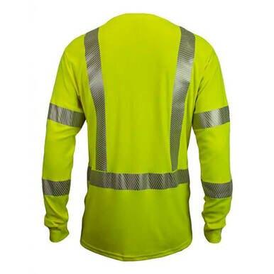 The NSA Vizable Dual Hazard FR Hi-Vis T-Shirt, by NSA, showcases a back view in vivid yellow with long sleeves and reflective silver stripes on the arms and torso. Engineered for dual hazard protection, it features an arc rating of 10 cal/cm² to improve visibility during construction or traffic-related tasks.