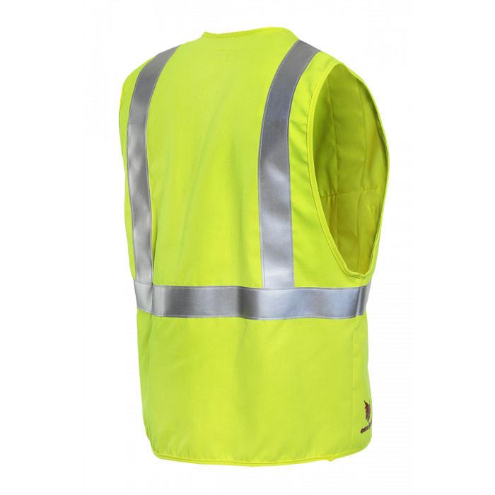 Introducing the NSA FR DELUXE VEST from NSA, a vibrant yellow Hi-Vis vest featuring reflective silver stripes on both the front and back. This sleeveless flame-resistant safety vest is perfect for enhancing visibility in diverse work settings. Displayed with its back view against a simple white background.