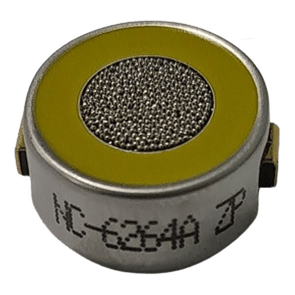 The RKI LEL Replacement Sensor NC-6264A by RKI Instruments is a small cylindrical sensor with a metal mesh top, yellow ring, and side markings—perfect as an LEL replacement for gas monitors.