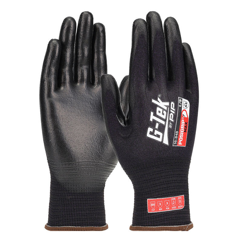 A pair of black PIP G-Tek PosiGrip MAX PolyKor A4 Gloves 16-848 with textured palms for grip; one glove displays G-Tek, PosiGrip logos, and safety ratings, while the other shows the palm side. Pack contains 12 pairs.