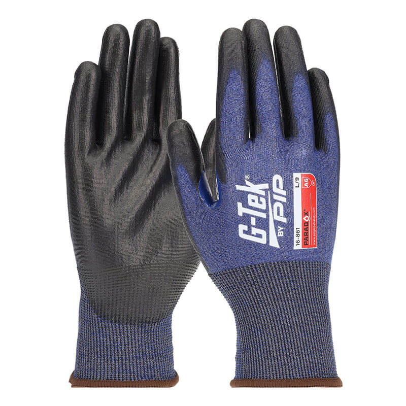 A pair of PIP G-Tek Paradox PolyKor A6 Gloves (16-861) with a blue and black design, textured black palm and fingertips, G-Tek by PIP logo, red/white safety label, and durable PosiGrip MAX coating for superior grip.