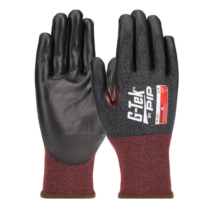A pair of black and red PIP G-Tek Paradox PolyKor A7 gloves (16-871) with "G-Tek by PIP" on the back, shown palm up and down. They feature PosiGrip MAX coating for textured grip and are touchscreen compatible.