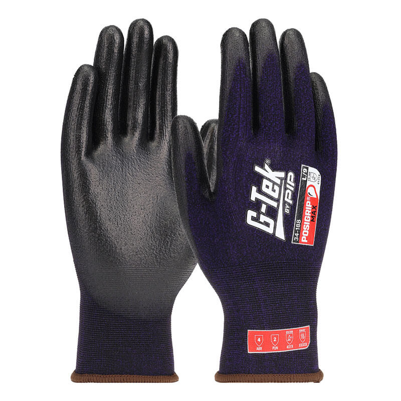 A pair of black PIP G-Tek PosiGrip MAX Nylon/Spandex gloves (34-188) with textured, oil-resistant grip. One glove shows the "PIP" brand and safety symbols; the other displays the palm side. These gloves are also touchscreen compatible.