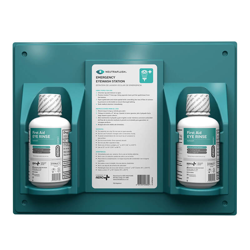 The Aero Healthcare Neutraflush Eyewash Wall Station 16oz features two bottles of first aid eye rinse and clear instructions, offering reliable workplace eye safety for emergency eyewash situations.