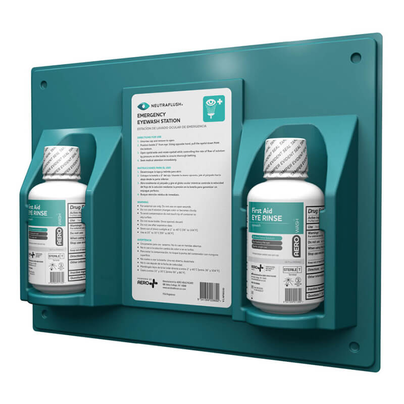 The Aero Healthcare Neutraflush Eyewash Wall Station 16oz features two secured eye rinse bottles and a central instruction panel, providing convenient, wall-mounted emergency eye care for enhanced workplace safety.