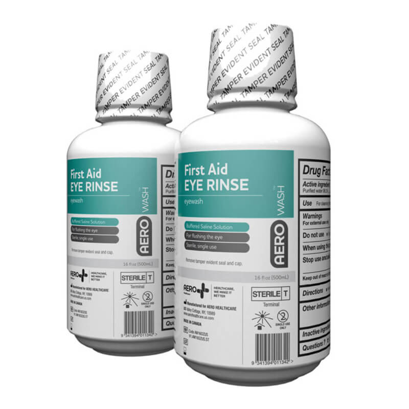 Two 16oz Aero Healthcare Neutraflush Eyewash bottles with turquoise and white labels, tamper-evident seals, and clear instructions—ideal for workplace eye safety in an eyewash wall station. Brand: Aero Healthcare.