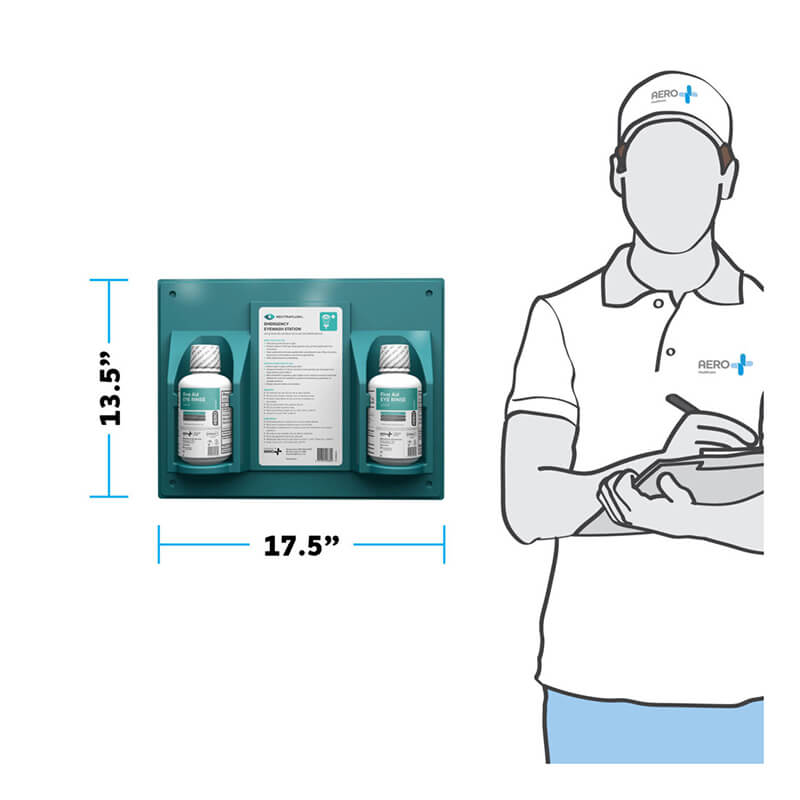 The Aero Healthcare Neutraflush Eyewash Wall Station 16oz features two bottles and measures 13.5" x 17.5". Shown next to a person in Aero Healthcare gear with a clipboard, it’s ideal for workplace eye safety.