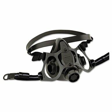 The Honeywell North 7700 Series Silicone Half Mask by Honeywell Safety is a black respirator featuring adjustable straps and dual filters, constructed from medical-grade silicone for optimal protection against airborne particles.