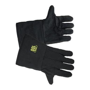 Two black Oberon TCG100 Series Ultralight Arc Flash Gloves are laid out side by side, one with the palm up and the other with the palm down. The glove facing down features a yellow logo displaying "100". These gloves offer a simple yet functional ultralight design that provides arc flash protection, making them ideal for general use.