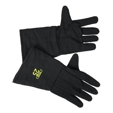 Introducing the Oberon TCG25 Series Ultralight Arc Flash Gloves: a pair of black, heat-resistant gloves with extended cuffs, highlighted by yellow embroidery on the wrist area. These gloves are rated at Arc Flash PPE Category 3 and feature an impressive arc rating of 27 cal/cm². One glove is shown palm up, while the other is palm down to showcase their overall design and texture.