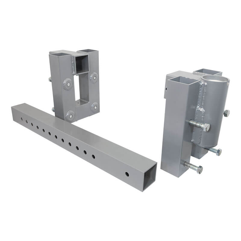 Three French Creek Production hitch receiver adapters with bolts and multiple holes are shown on a white background—ideal components for the French Creek Adjustable Barrel Mount Davit Base PD11.