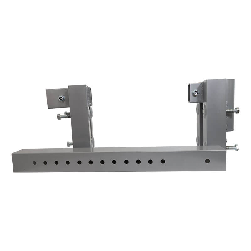 The French Creek Production Adjustable Barrel Mount Davit Base PD11 is a metal industrial bracket with multiple holes and two adjustable clamps, ideal for securing or supporting objects in confined spaces or with retrieval devices.
