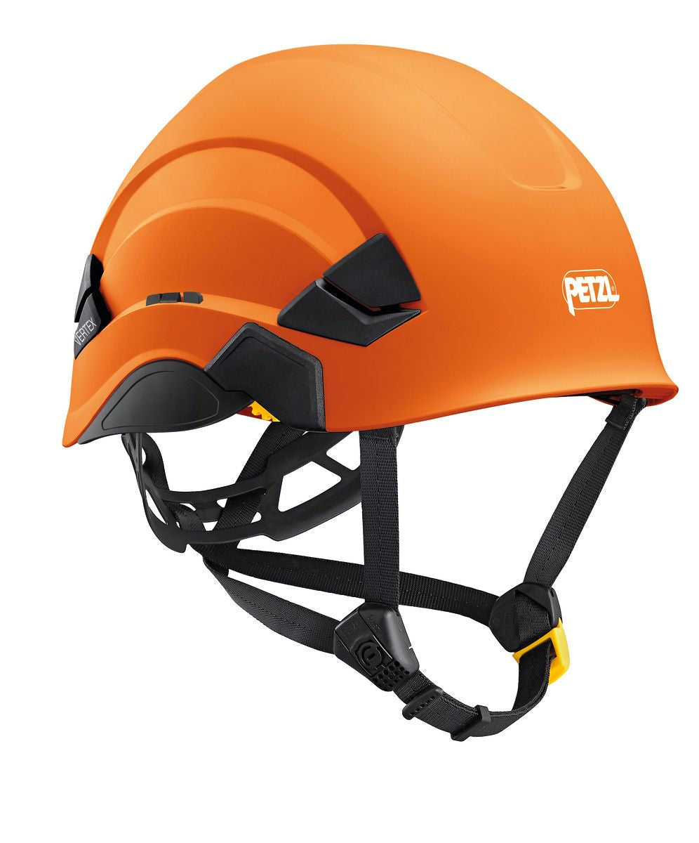 The Petzl VERTEX Comfortable Helmet Canada Version A010BA0_ in orange features an ergonomic design, a black adjustable chin strap with a yellow buckle, and a modular setup. It has the white "PETZL" logo on the side and includes textile suspension.