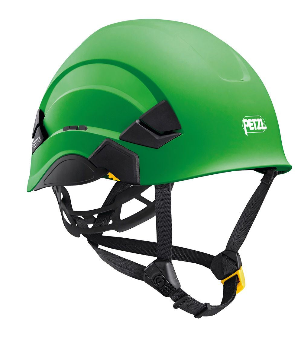 The Petzl VERTEX Comfortable Helmet Canada Version A010BA0_ features a sleek green design with black adjustable straps and a chin buckle. The modular helmet includes textile suspension for extra comfort and safety, showcasing curved lines, a smooth finish, and the Petzl brand logo on the side.