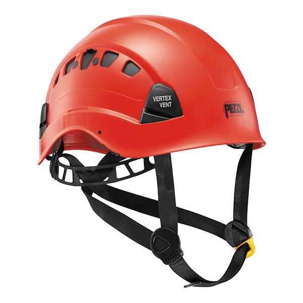 The vibrant red Petzl VERTEX VENT Helmet A010CA0 exemplifies personal protective gear, featuring ventilation slots and black adjustable chin straps. A side label reads "Vertex Vent," highlighting its versatile design for various activities.